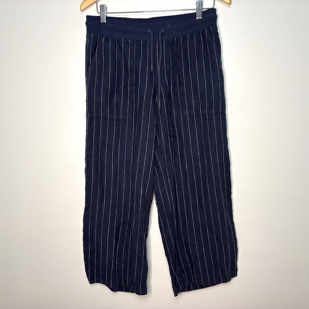 Athleta Bali Navy Blue 100% Linen Cropped Wide Leg Pants Women 6 Pinstripe Prep